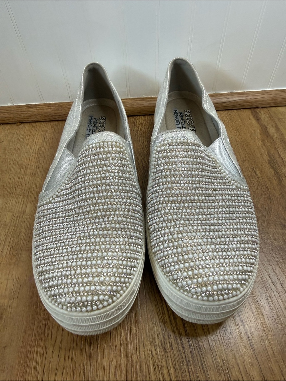 Skechers Pearl-Embellished Slip-On Sneakers in Silver